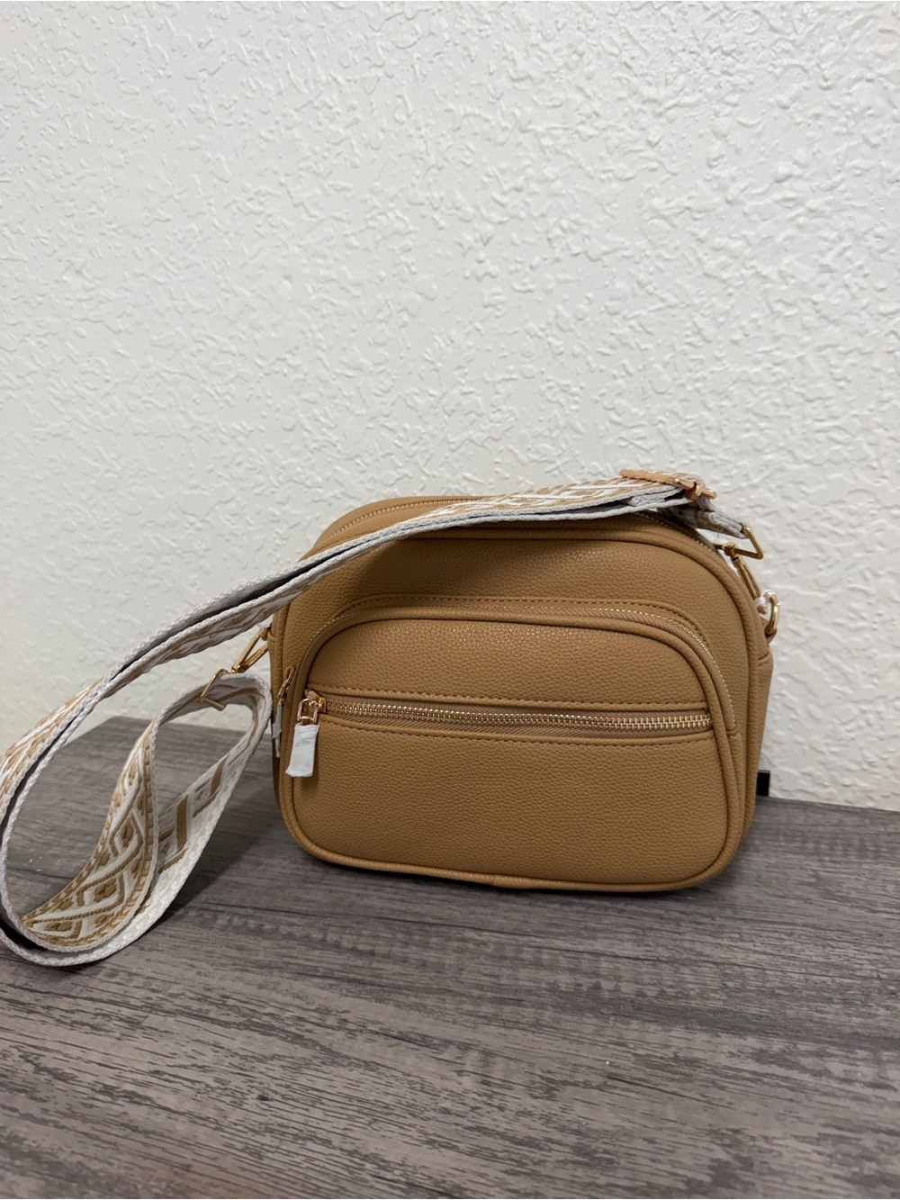 Tan Crossbody Bag with Adjustable Woven Strap - Picture 2 of 3